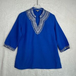 Appraisal Womens Top Small‎ Blue Embellished Sequined Tunic Blouse